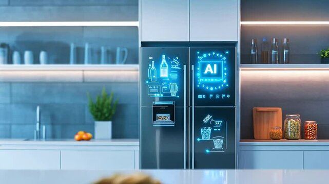 Futuristic Smart Refrigerator with Interactive AI Display