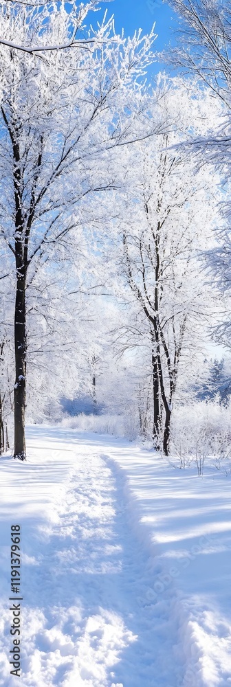 Poster peaceful winter scene with snowy pathway and frost covered trees under blue sky : generative ai