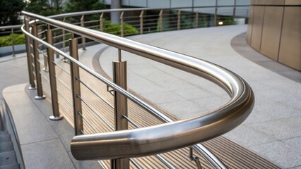 A closeup of a metal handrail with a brushed finish curving gracefully along an outdoor terrace. The clean lines and contemporary materials create a sophisticated yet functional