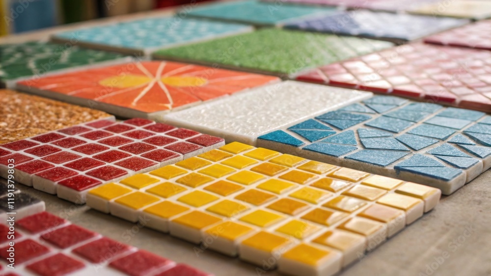 Aufkleber A closeup of a mosaic of tiles being carefully arranged on a surface each piece showcasing distinct colors and patterns representing the creativity involved in both construction