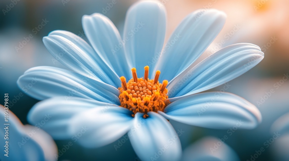 Poster A close-up view of a blue flower with orange stamens, showcasing delicate petals against a soft blurred background