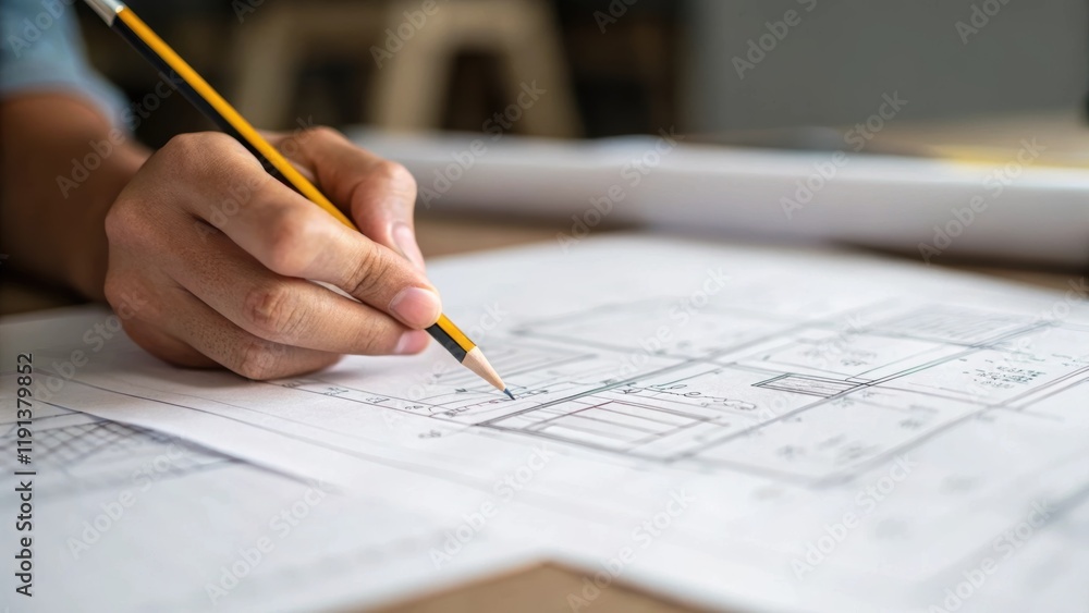 Poster a closeup of an architects pencil sketching detailed designs on a large sheet of paper captures the 