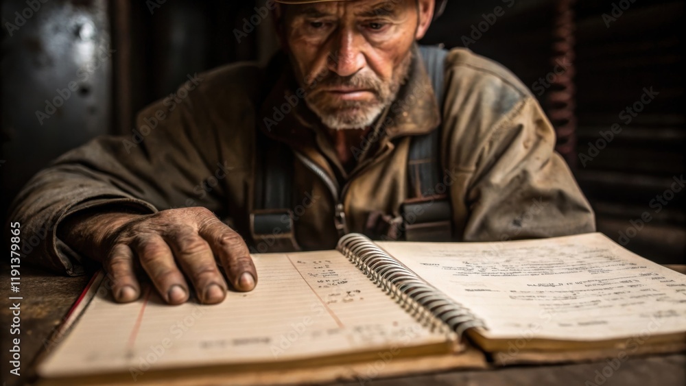 Poster A closeup of an elder workers calloused hand resting on an old notebook the pages filled with notes while the face reflects both fatigue and a deep sense of purpose for the work