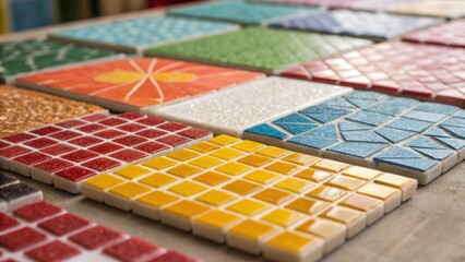 A closeup of a mosaic of tiles being carefully arranged on a surface each piece showcasing distinct colors and patterns representing the creativity involved in both construction