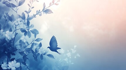 Serene Blue Bird Soaring Amidst Blossoming Branches