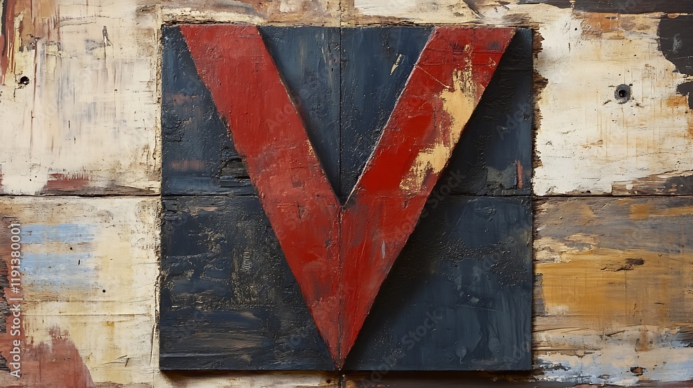 Poster rustic artistic panel with bold red v painted on salvaged wooden background : generative ai