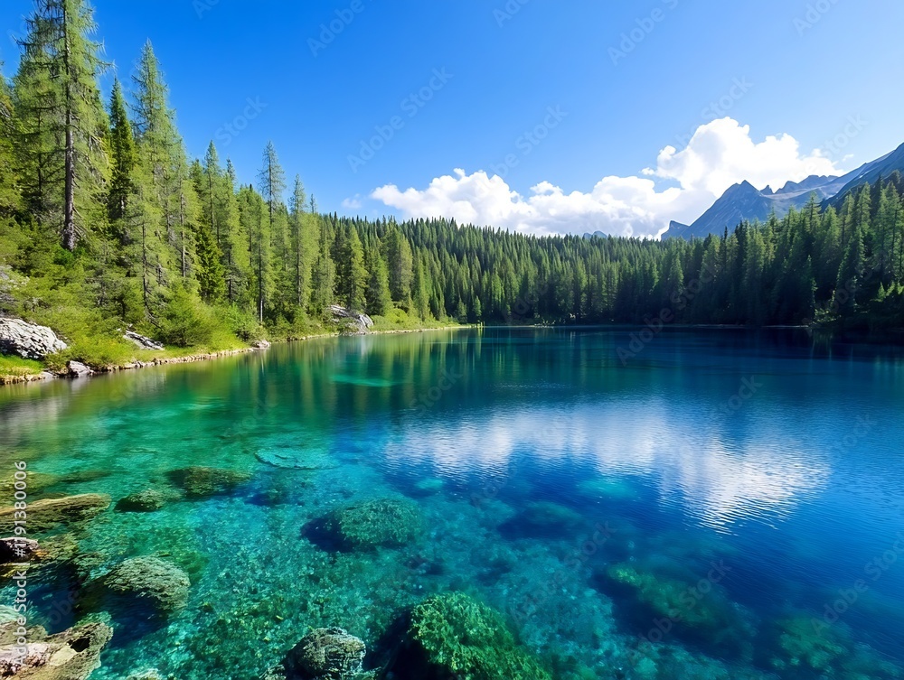 Poster crystal clear turquoise lake with forest and mountain reflection in distance : generative ai