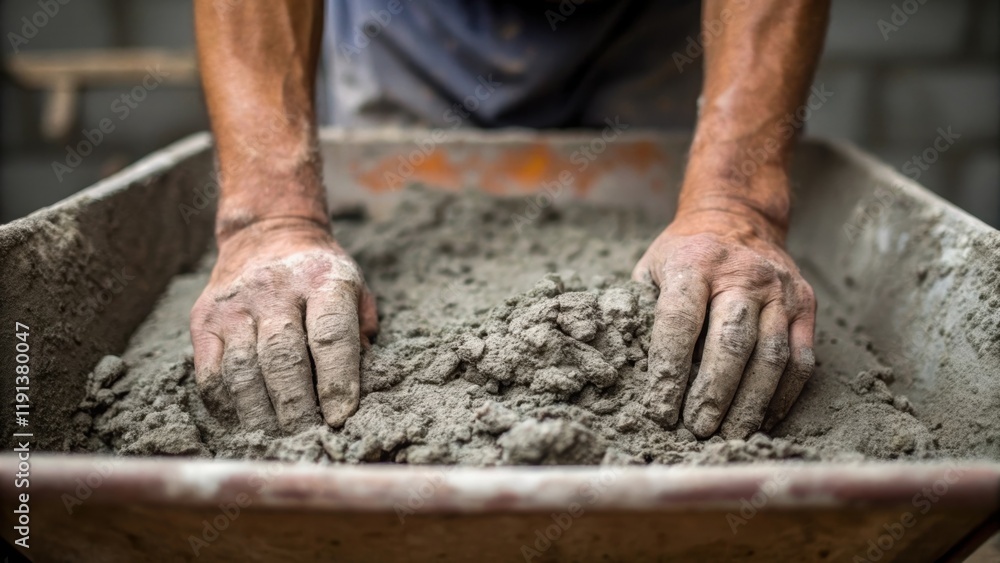 Poster A closeup of a pair of worn hands mixing concrete in a wheelbarrow with the textured mixture highlighting the hard labor and dedication required in the building process.