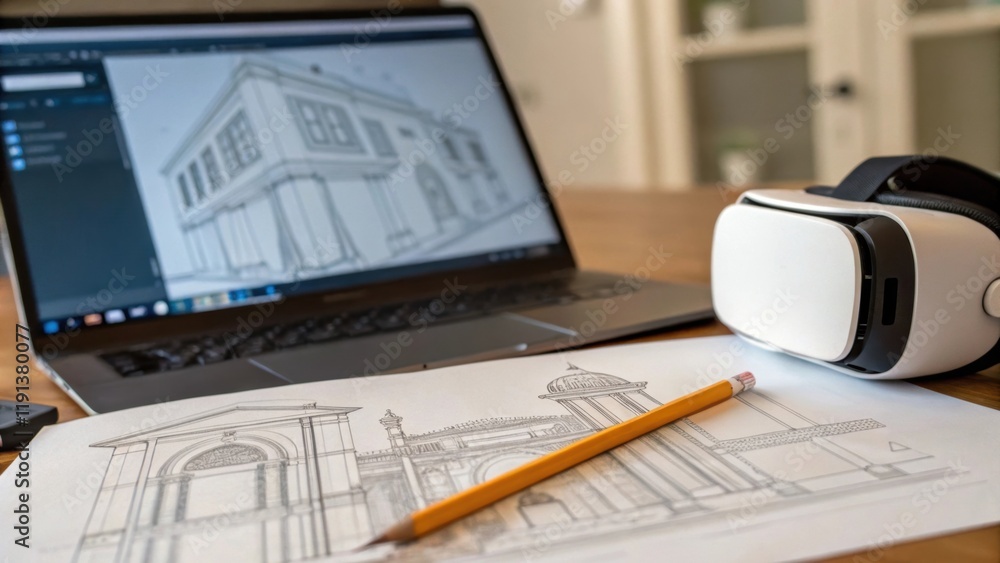 Poster A closeup of a pencil drawing on paper juxtaposed with a VR headset and a computer screen displaying a detailed virtual sketch representing the harmony between traditional drawing