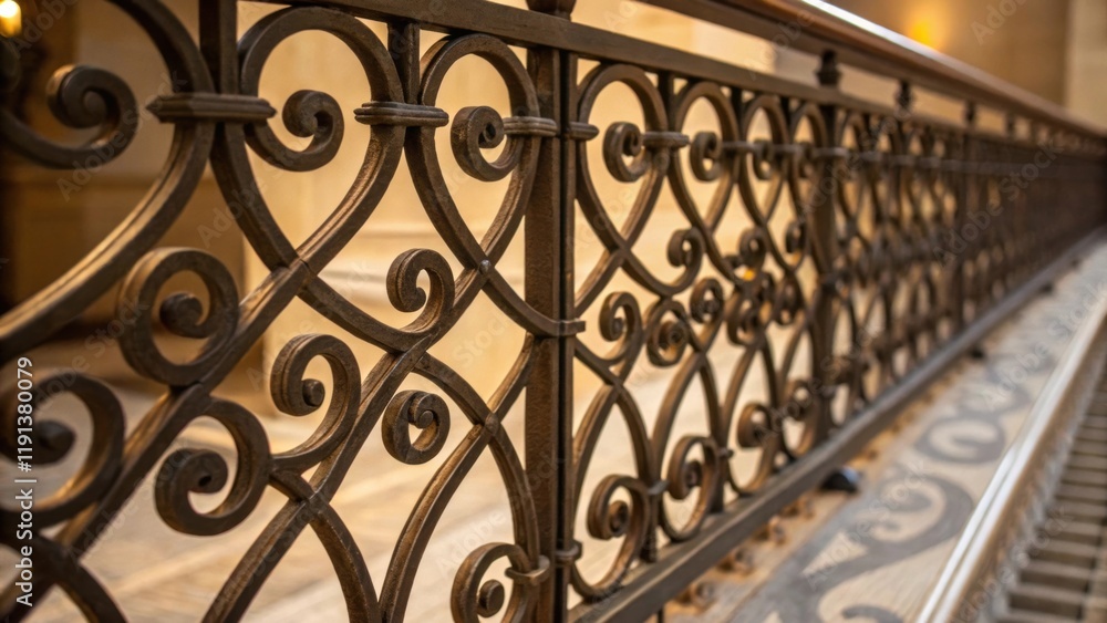 Poster A closeup of a patterned wrought iron railing showcasing the repeating scrollwork design. The intricate curves and symmetry reflect the elegance of artisanal metalwork and the play