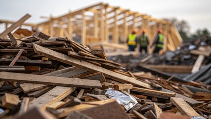 A closeup of a pile of construction debris including scraps of metal and off wood teetering precariously against a backdrop of workers constructing a stable structure representing