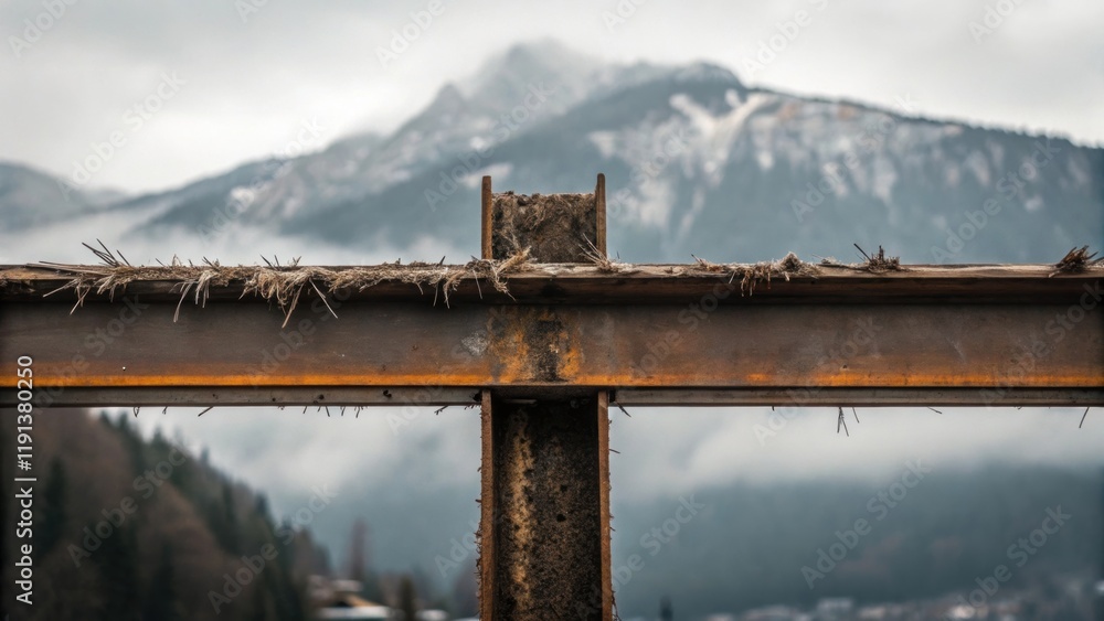 Aufkleber A closeup of a precariously balanced construction beam with the edges frayed and splintered from exposure to harsh elements and a distant fogcovered mountain range looming in the