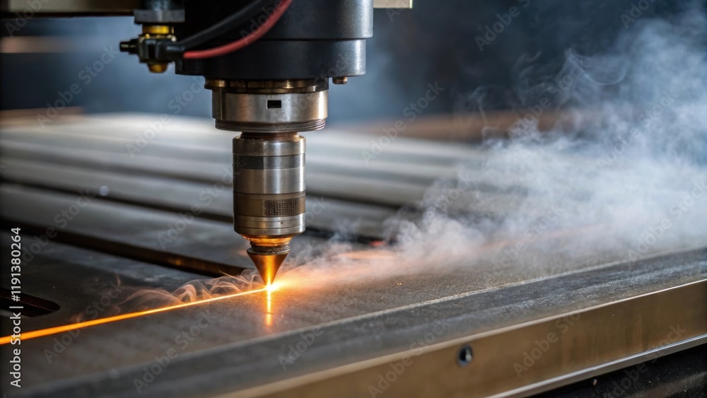 Poster a closeup of a precision ting machines laser beam concentrating on a metallic surface leaving behind