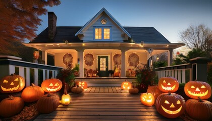 Obraz premium Generated image A festive Halloween display of illuminated pumpkins and autumn decorations on a cozy home