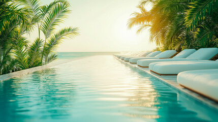 Obraz premium A close-up of a modern swimming Pool surrounded by tropical plants and Sun loungers under a sunny sky.