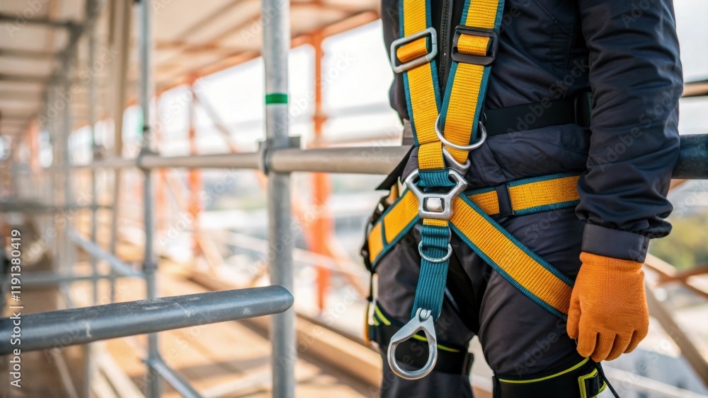 Poster a closeup of a safety harness attached to the scaffolding with the inspector ensuring all safety equ
