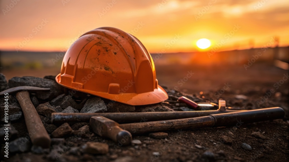Poster a closeup of a safety helmet resting on a pile of tools reflecting the orange glow of the setting su