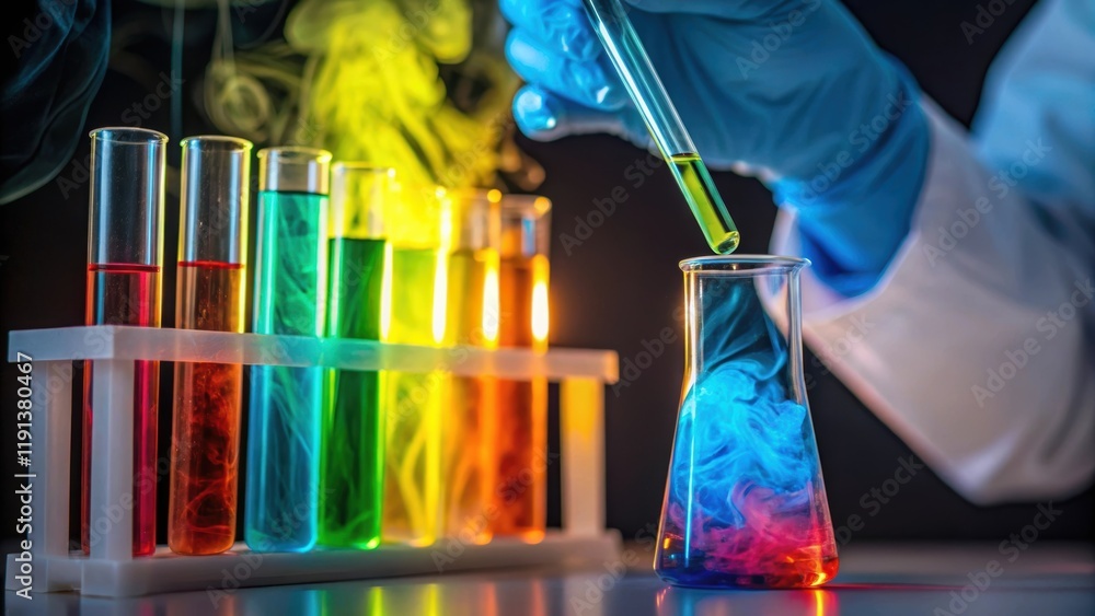 Poster a closeup of a scientists gloved hand carefully conducting an experiment bright liquids swirling in 