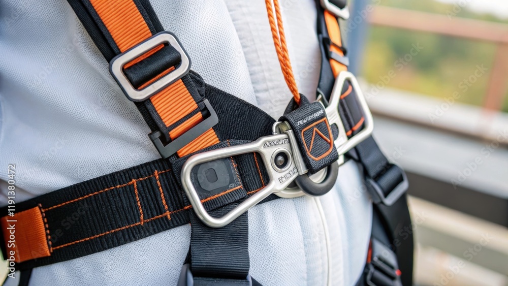 Poster A closeup of a safety harness with the intricate buckle and webbing material clearly visible foraying into its design for fall protection in highaltitude work.
