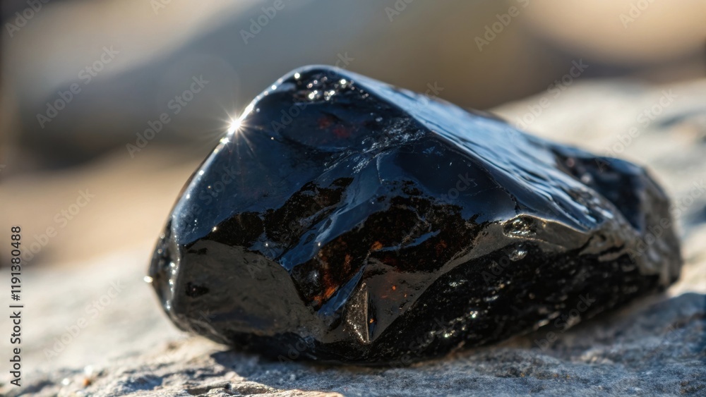 Poster a closeup of a shimmering piece of obsidian its smooth glossy surface reflecting light like a mirror