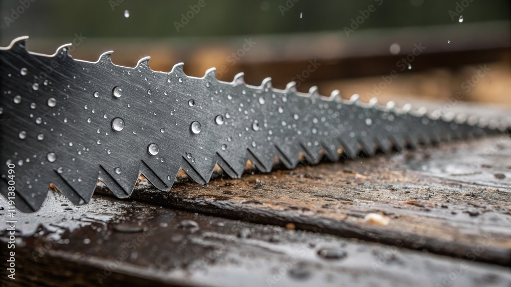 Poster a closeup of a serrated saw blade with moisture highlighting its sharp edges and teeth reminding vie
