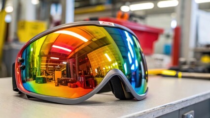 Fototapeta premium A closeup of a safety goggle lens reflecting a brightly lit workspace the vibrant colors of tools and machines visible in the reflection emphasizing the importance of protection in
