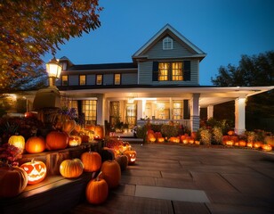 Generated image A festive Halloween display of illuminated pumpkins and autumn decorations on a cozy home