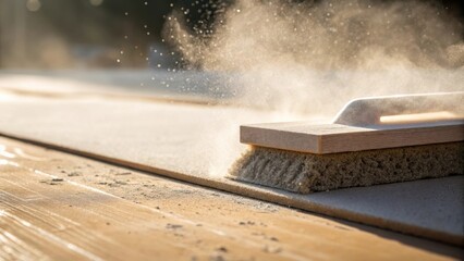 A closeup of a sanding block in action as it glides over dried joint compound with fine dust particles catching the light and creating a soft cloud around the smooth surface.