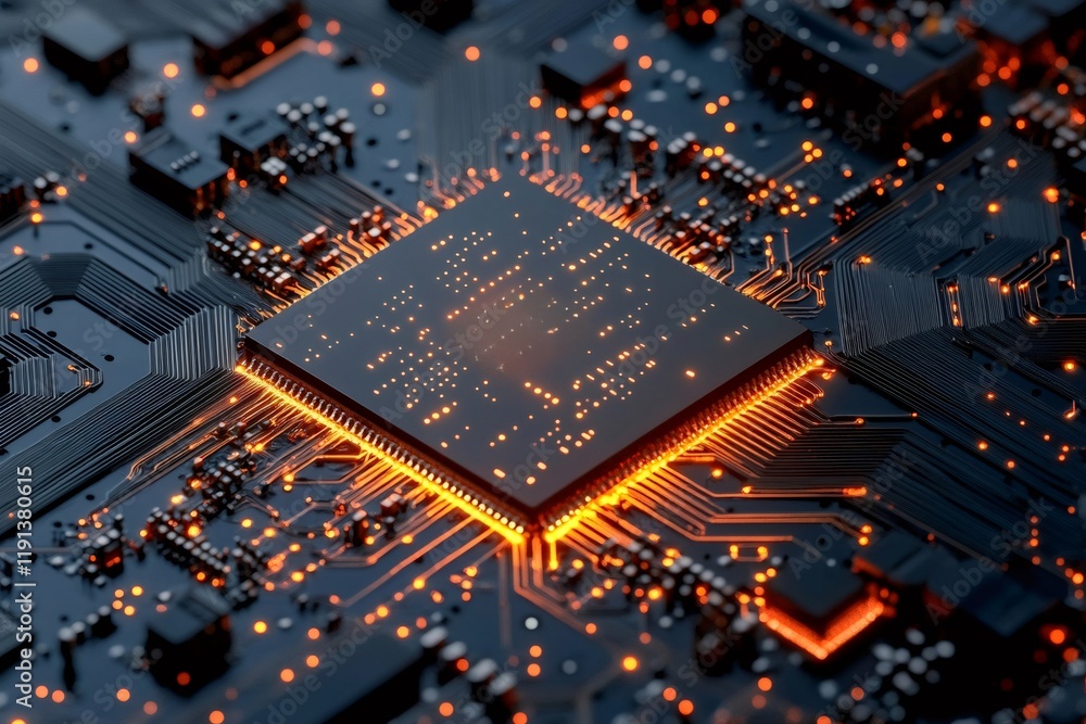Aufkleber modern cpu performing complex calculations with orange lights illuminating motherboard