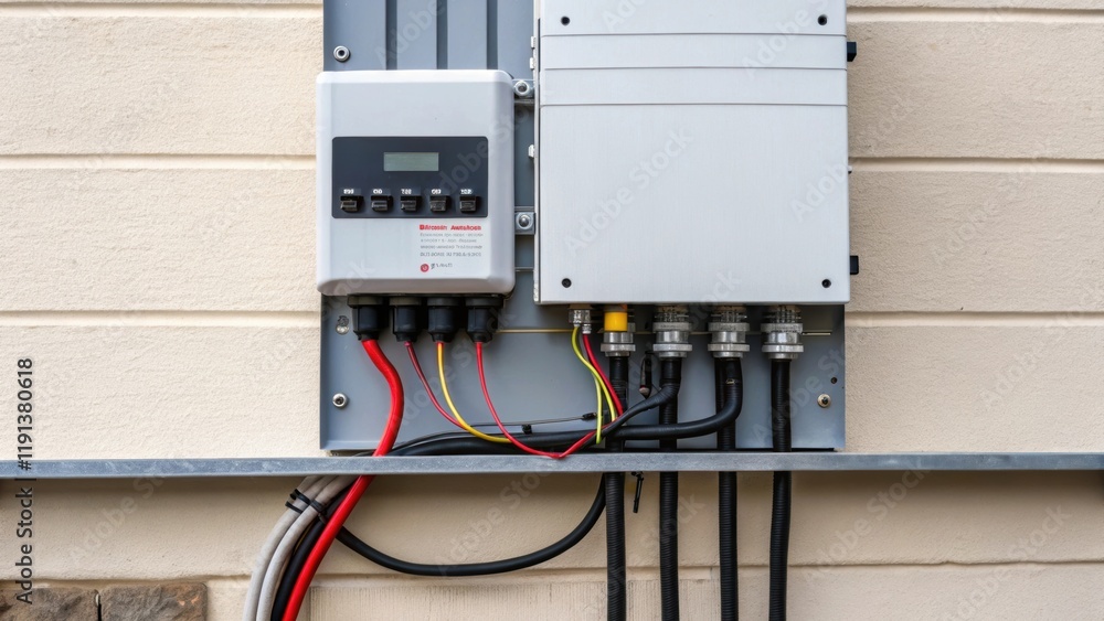 Poster a closeup of a solar inverter attached to a wall detailing the wiring connections and the compact de