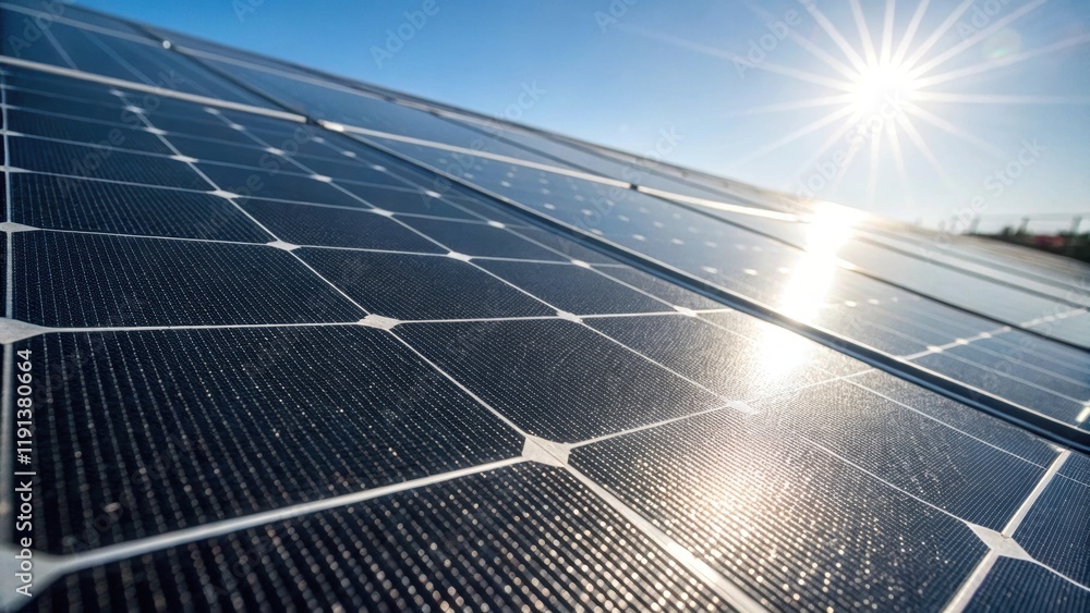 Poster A closeup of a solar panel surface displaying its textured photovoltaic cells capturing the play of light and shadow as the sun shines brightly overhead.
