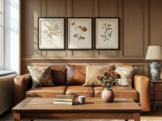 A brown couch with a vase of flowers on it