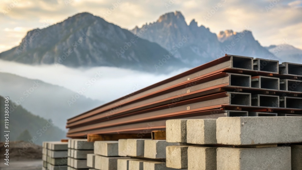 Poster a closeup of a stack of construction materials including steel beams and concrete blocks with a back