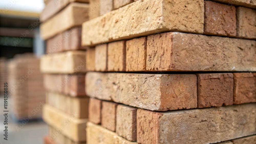 Poster A closeup of a stack of neatly arranged bricks with a focus on the rough texture and color variations conveying the materials natural beauty and durability in construction.