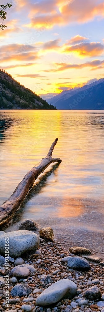 Poster tranquil lake with sunset and mountain views reflecting in calm waters : generative ai
