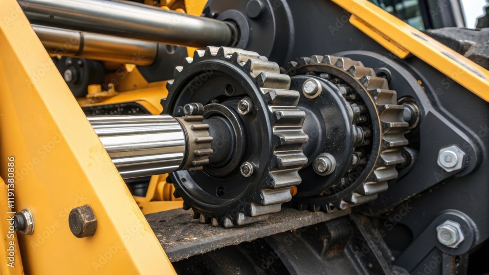 Poster a closeup of a telehandlers articulated joint revealing the complex hydraulic system and gears. the 