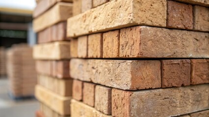 A closeup of a stack of neatly arranged bricks with a focus on the rough texture and color variations conveying the materials natural beauty and durability in construction.