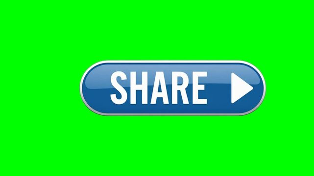 Animated 'Share' button text with right side arrow for social media sharing, digital content, web design, clickable button. Green screen loop video 