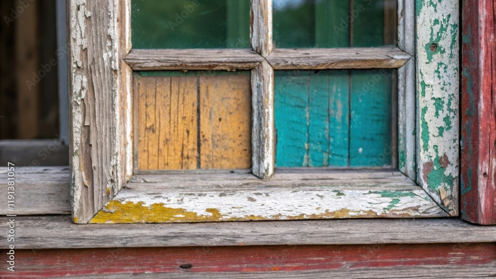 Poster a closeup of a weathered chipped window frame revealing layers of paint in various colors symbolizin