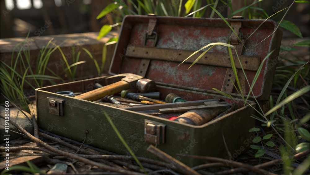 Poster a closeup of a weatherbeaten toolbox partially open to reveal a jumble of assorted tools with tered 