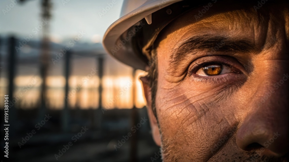 Poster a closeup of a weary workers eye showcasing its vulnerability reflecting the dim light of the settin