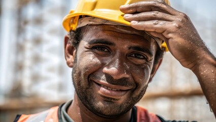 A closeup of a weary but smiling worker wiping sweat from their brow embodying resilience and determination in the face of the challenges inherent to laborintensive construction