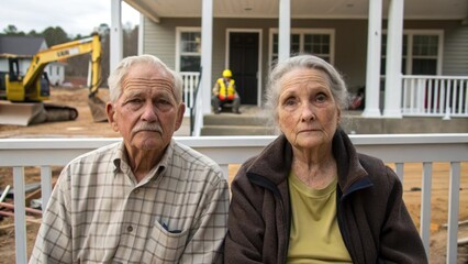 A closeup of a weathered elderly couple sitting on their porch looking apprehensively at the ongoing construction. Their expressions convey unease about potential changes to their