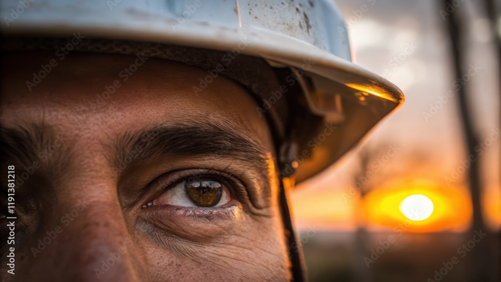 Poster a closeup of a workers eye with a reflection of a sunset peeking through beams and plywood evoking a