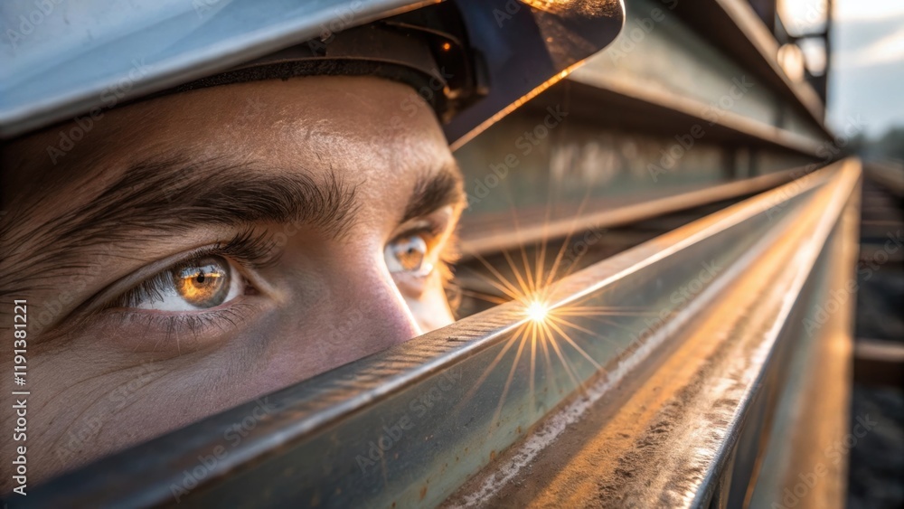 Poster a closeup of a workers eye with a glint of sunlight reflecting off a steel beam illustrating the dua