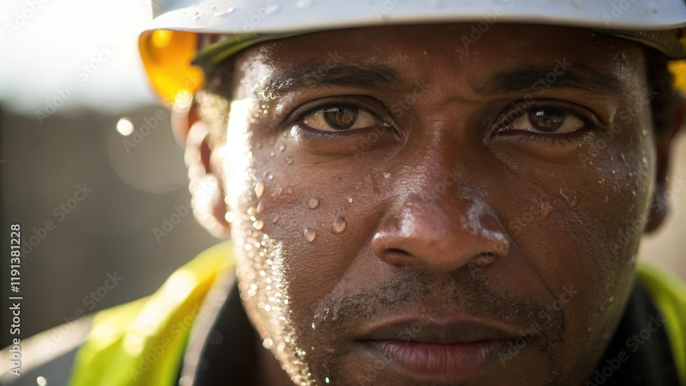 Poster a closeup of a workers face beads of sweat glistening on their forehead eyes squinting against brigh