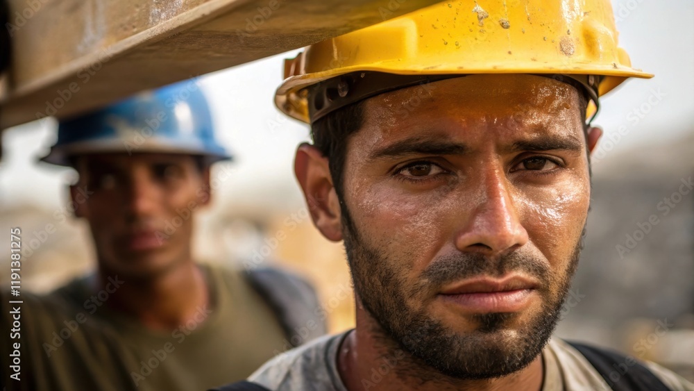 Poster a closeup of a workers face sweat glistening as they carry a heavy load with a team member capturing
