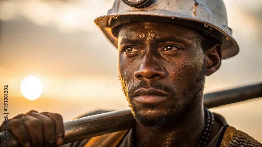 Fototapete a closeup of a workers face with beads of sweat visibly rolling down his expression determined while