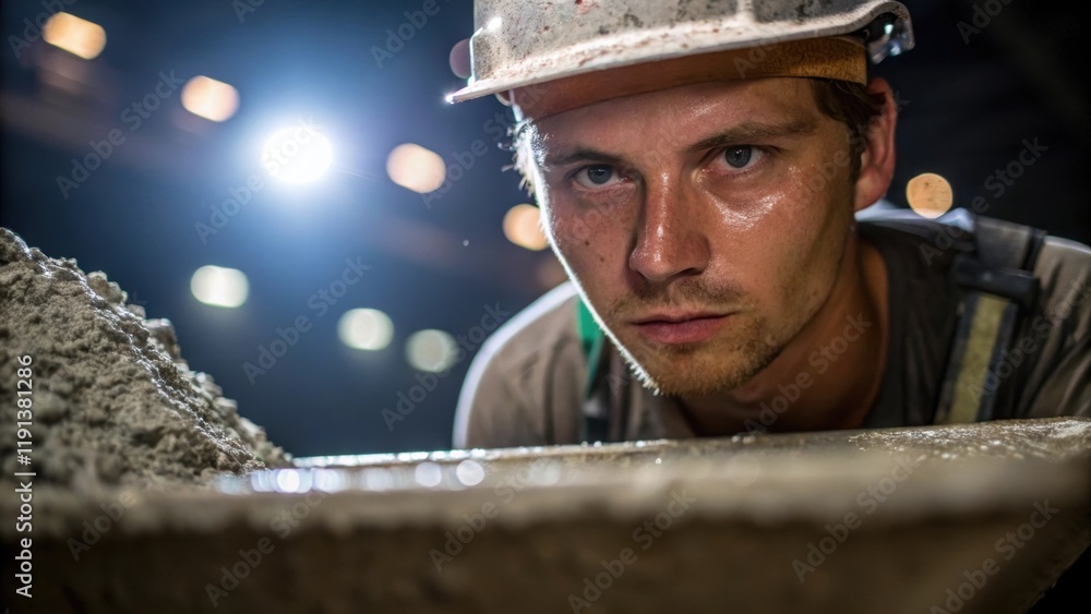 Poster a closeup of a workers focused expression as they concentrate on pouring concrete from a wheelbarrow