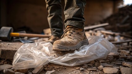 A closeup of a workers dusty boots as they step on a discarded piece of plastic with rubble and tools tered in the background highlighting the remnants of a busy workday.